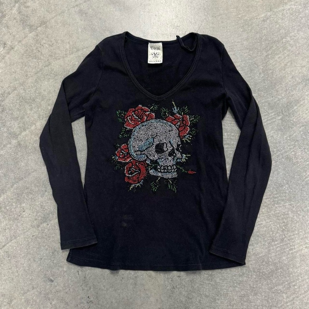 Lucky Brand Black Long Sleeve Top with Skull and Roses